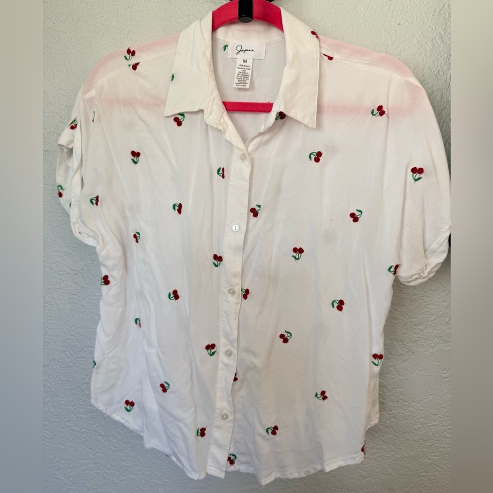Opus White Cherry Embroidered Button Down Shirt